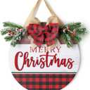 Christmas Sign for Front Door Wall Decor - Walasis Merry Christmas Signs Hanging for Indoor with Buffalo Plaid Bow Farmhouse 12 inch Red Xmas Wreath Hanger Decorations