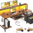 AODK Computer Desk with Drawers and Keyboard Tray, 55" Office Desk with Power Outlet and LED Lights, Reversible Study Work Desk with Printer Shelf and PC Stand for Home Office, Vintage