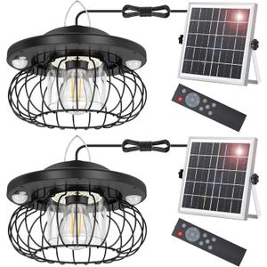 Ropelux Solar Shed Light Outdoor Indoor, Bright 3000LM 5 Modes Lamp with 3 Color Temps Dual Motion Sensor Remote, Hanging Pendant Lights for Gazebo Barn Garage Shop, 2 Pack