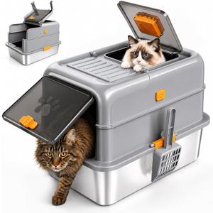 Stainless Steel Cat Litter Box with Lid, XL High Sided Enclosed Litter Box with Scoop, Front and Top Entry Metal Litter Pan for Large Cats, Odor Control, Anti-Leakage & Easy Cleaning, Grey