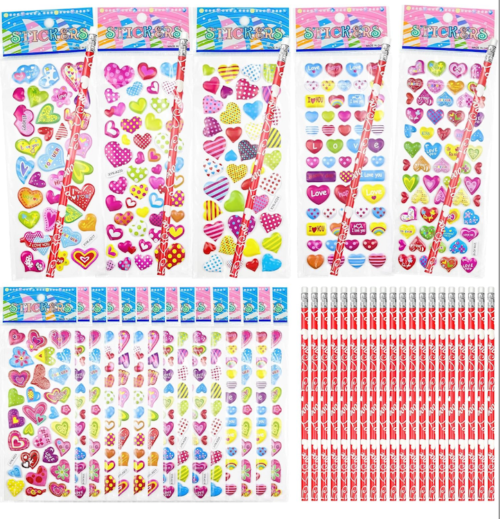 OHOME Valentines Day Gifts for Kids - 44 PCS Stationery Set for School Classroom Exchange - Valentines Day Party Favors for Toddler | Valentines Crafts Treats Games, Includes Pencils, Heart Stickers, 2 Pack