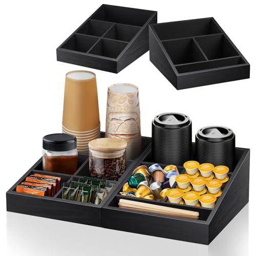 MINCORD Coffee Station Organizer Coffee Condiment Service Tray with 9 Compartment for Counter, Wood Coffee Bar Supplies Organizer for Home Office Breakroom Two-in-One Black