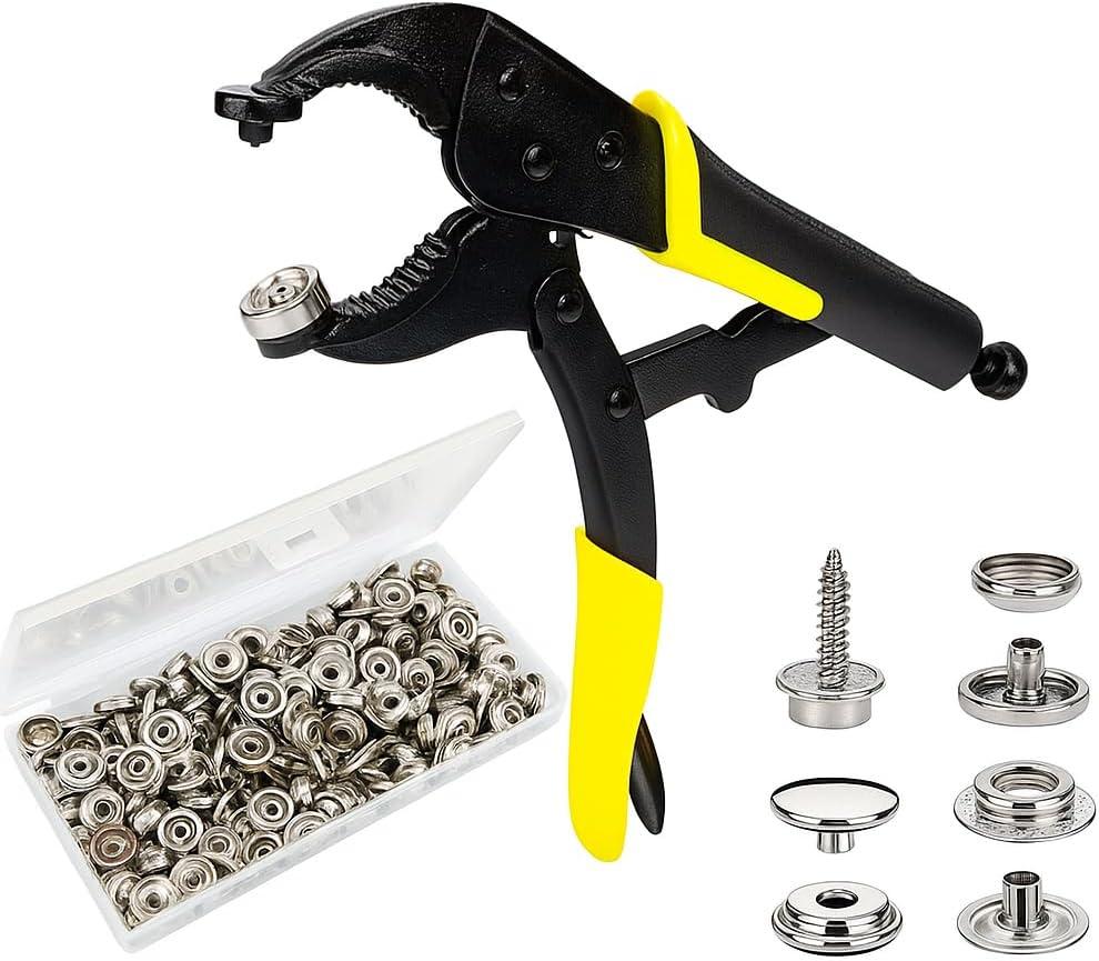 Heavy Duty Snap Fastener Kit  210PCS Marine Grade Stainless Steel Snap Tool Set for Canvas, Boat Covers, Awnings, Fabric, Tents  Rustproof, Easy Installation, All-in-One Fastener Repair Kit-Yellow