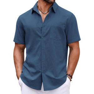 COOFANDY Button Down Shirt for Men Short Sleeve Casual Shirt Summer Beach Vacation Shirt with Pocket (Blue, S)