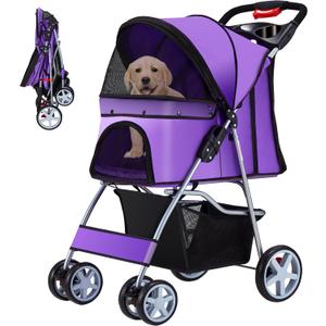 Pet Stroller, 4 Wheels Pet Strolling Cart for Medium/Small Dogs and Cats, Foldable Cat Jogger/Dog Stroller with Cup Holder, Storage Basket, Breathable Mesh, All-Season Pet Carrier, Purple