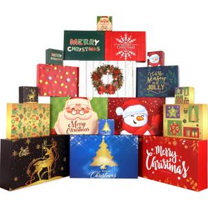 Giiffu 18 Christmas Cardboard Gift Boxes with Lids, 12 Designs and 4 Sizes with Gift Stickers, Assorted Size Xmas Decorative Gift Boxes for Wrapping Robes, Sweater, Shirt, Clothes, Holiday Present (White Cardboard Printing)