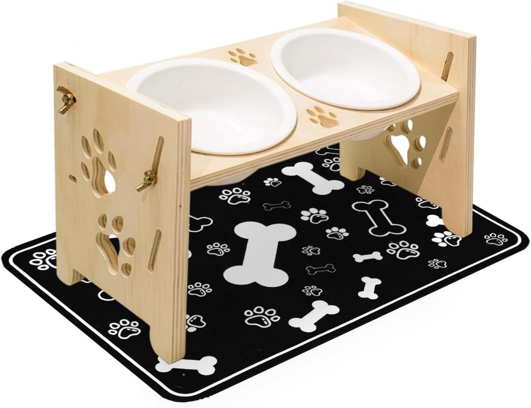 2026 New Elevated Cat Bowls with Food Mat, Adjustable Height & Angle Raised Cat & Dog Bowls Stand for Food and Water, Cat or Small Dog Feeding Station, 2 Ceramic Bowls for Cats and Puppy(Natural Wood) (Nature)