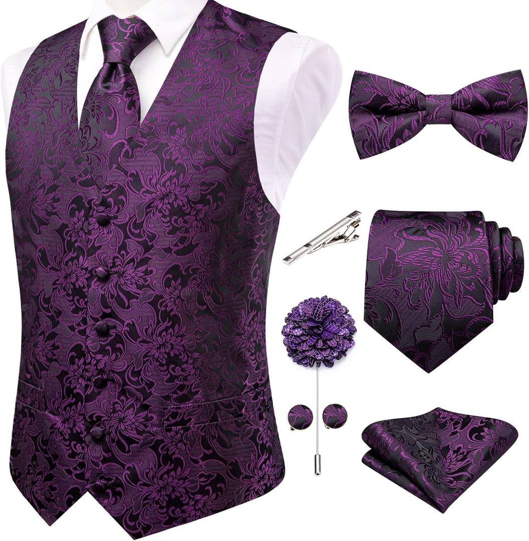 Hi-Tie Men's Silk Vest Bowtie Set Formal Suit Vest Jacquard Tie Handkerchief Cufflinks 5PCS Dress Waistcoats Wedding Large