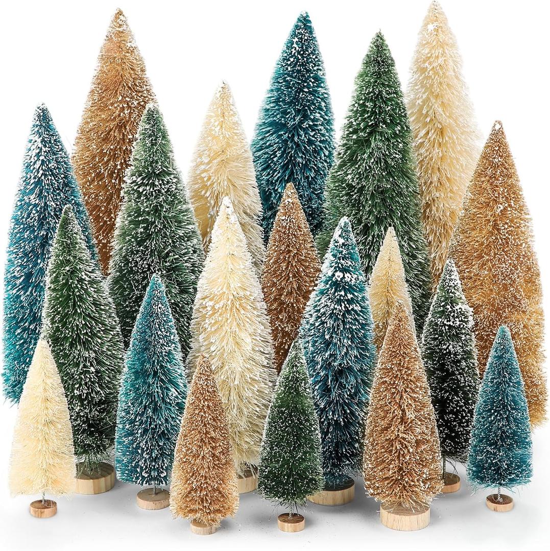 Vinsot 20 Pcs Bottle Brush Christmas Trees 512 Inch Artificial Bottle Trees with Wood Base Mini Sisal Snow Tree for Christmas Tabletop Craft Home Party Decorations (Green Golden White)