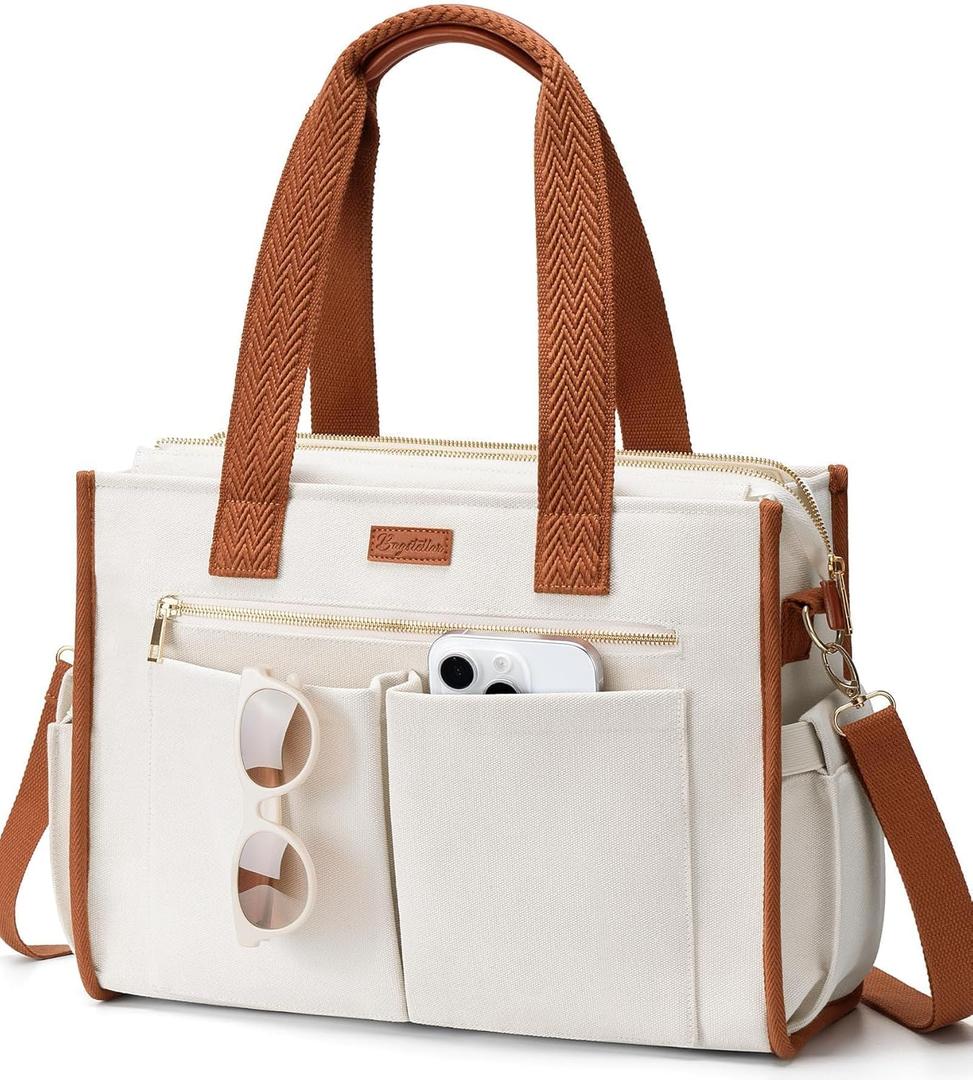 Canvas Tote Bag for Women, 15-Pockets Work Laptop Tote Purse Large Crossbody Nurse Teacher Bible Bag for School Travel Daily | with Strap & Zipper, Multi Compartment, Stand Upright Stably, College Shoulder Bag, Clinical Nursing Bag, Ideal Gift for Women (L3.white & Brown)