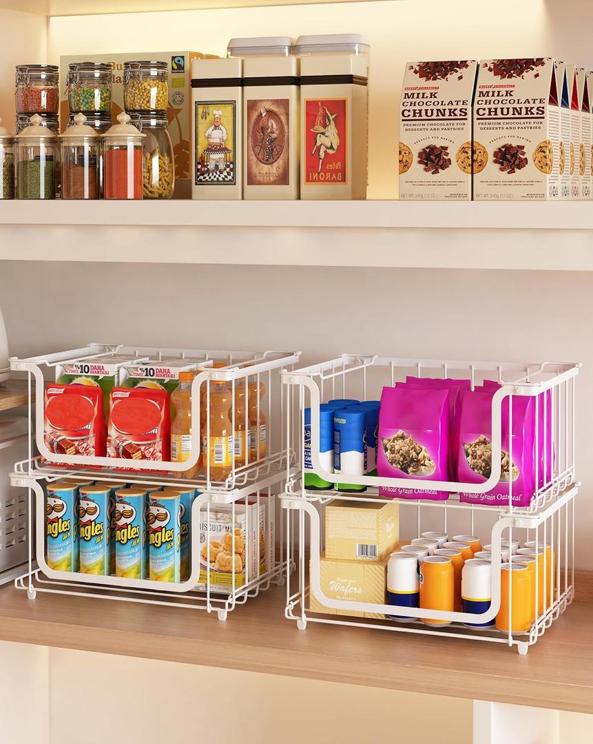UMDONX 4 Pack Stackable Wire Baskets Storage Bins for Fruits, Vegetables, Potatoes & Onions | Pantry, Countertop, Laundry Organizer | Heavy Duty & Space Saving White