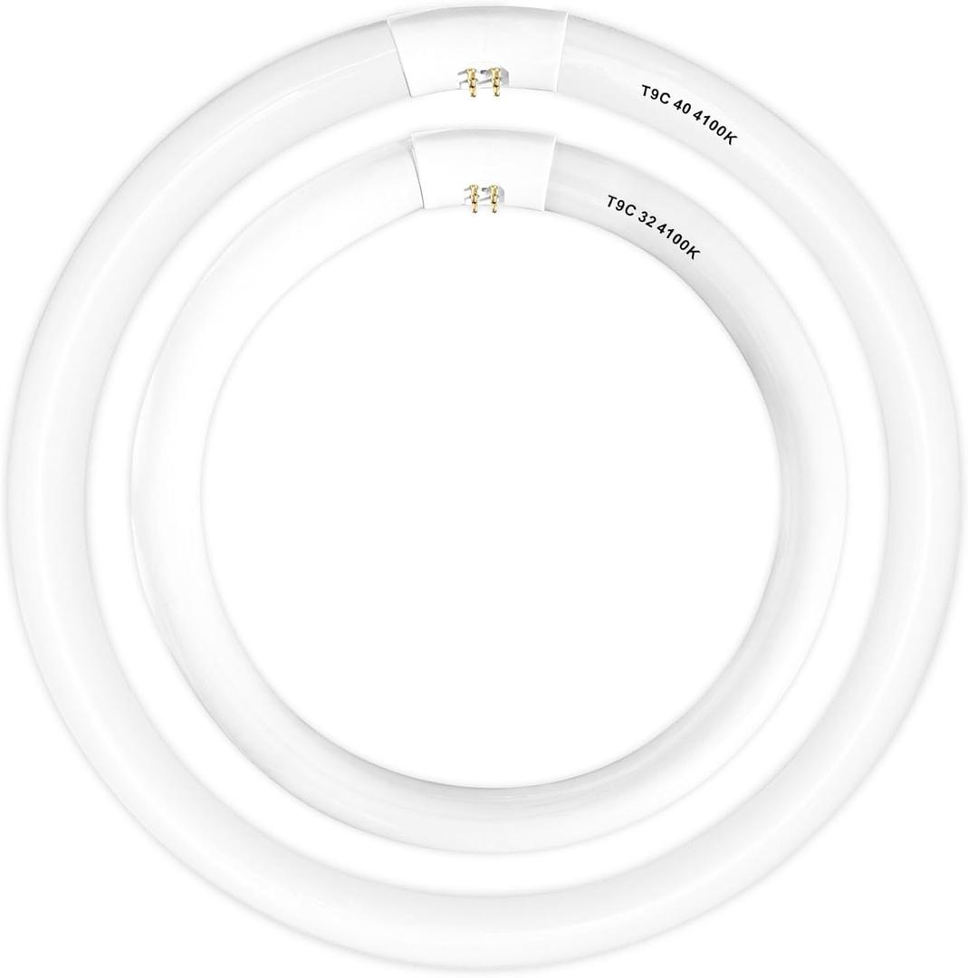 FC16T9/CW 40 Watt and FC12T9/CW 32W Set Cool White, 16'' T9 40 Watt Circline Light Bulbs, 12 inch 32W Circular Fluorescent Tube, Round Fluorescent Bulb CRI 82, 4100K, 5300 Lumen G10q