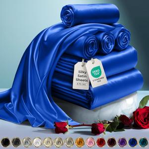 DECOLURE Satin Bed Sheets - 6 Piece Luxury Silky King Size Bedding Set - Softer Than Silk, Wrinkle-Free with 15 Deep Pocket Fitted Sheet, Perfect for Hair & Skin, Gifts for Women (Blue)