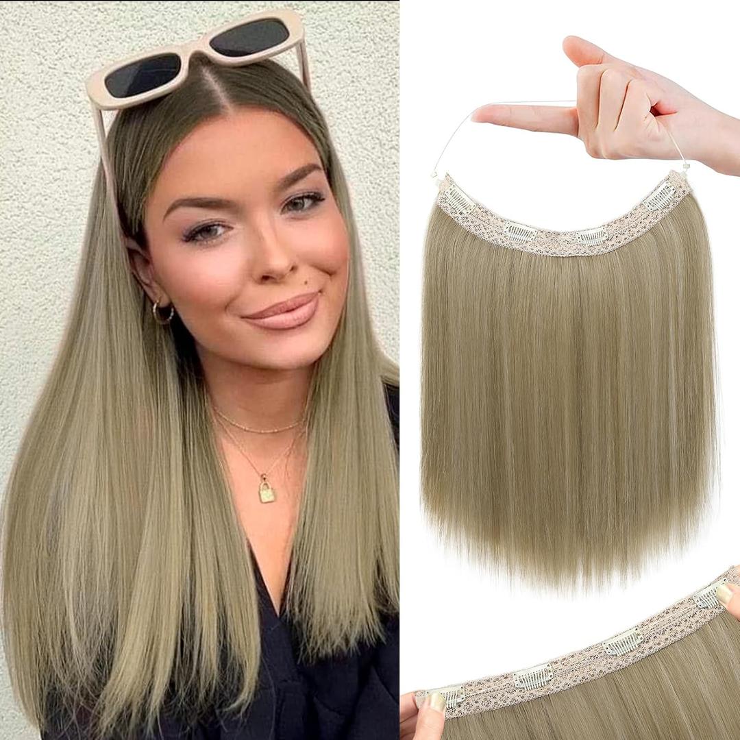 REECHO 12" Invisible Wire Hair Extensions with Thinner Softer Lace Weft Adjustable Size Removable Secure Clips in Short Straight Secret Hairpiece for Women - Light Ash Brown with Highlight