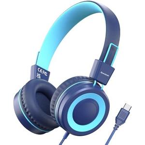 Bywulanda Upgrade USB Type C Kids Headphone for School, 94dB Safe Volume Limited, HD Stereo Sound, Foldable Lightweight On-Ear Headphones for Boys/Girls/Students/Tablet/Travel (Dark Blue), Pack of 2