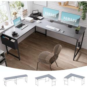 Pamray 64.5 Inch Reversible L Shaped Gaming Desk Large Corner Computer Desk with Storage Bag Home Office Table for Writing Study Grey
