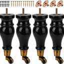 9 inch / 22cm Wooden Furniture Legs with Casters Wheels, Pack of 4 Classic Black Solid Wood Round DIY Replacement Bun Feet for DIY Project Sofa Couch Cabinet Ottoman Bed Riser