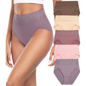 Wealurre Womens Underwear Cotton Bikini Panties for Women High Waisted Lace Hipster Stretch Briefs for Ladies 5 Pack (Large, Pink Purple)