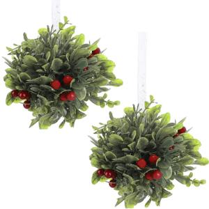 Mistletoe Christmas Decoration Set of 2 Mistletoe Decoration with Red Berry Green Leaf Hanging Christmas Mistletoe Christmas Balls Party Decoration for Home Office Xmas Tree 13 Inch Decor Holiday