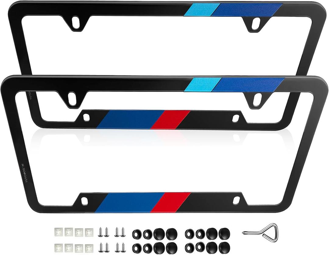 Matte Black Stainless Steel License Plate Frames, Stronger Than Aluminum, US Standard License Plate Holder Suitable for BMW Accessories X7 X5 X3,2PCS (Blue&Red Sports)