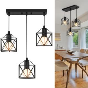3-Light Pendant Lighting, Farmhouse Hanging Light Fixture for Kitchen Island & Dining Room, Industrial Vintage Ceiling Lamp with E26 Base, Adjustable Height, Matte Black