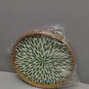 Round Rattan Tray with Mother of Pearl Inlay, Decorative Wicker Serving Tray with Wooden Base, Woven Basket Trays for Bread Fruits Coffee, Leaf