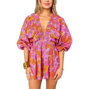 Cjfdfy Women's Long Puff Sleeve Short Romper Summer Cute Deep V Neck Flowy Tropical Beach Vacation Playsuit Resort Wear 2025 (Floral, M)