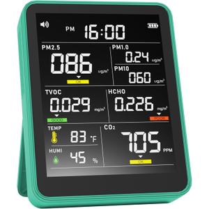 Air Quality Monitor Indoor,13-in-1 Smart Air Quality Tester with PM 2.5, CO2, TVOC, HCHO, PM1, AQI, PM10, Temperature & Humidity, Real Time Display, Battery Powered, for Home & Office (Green)