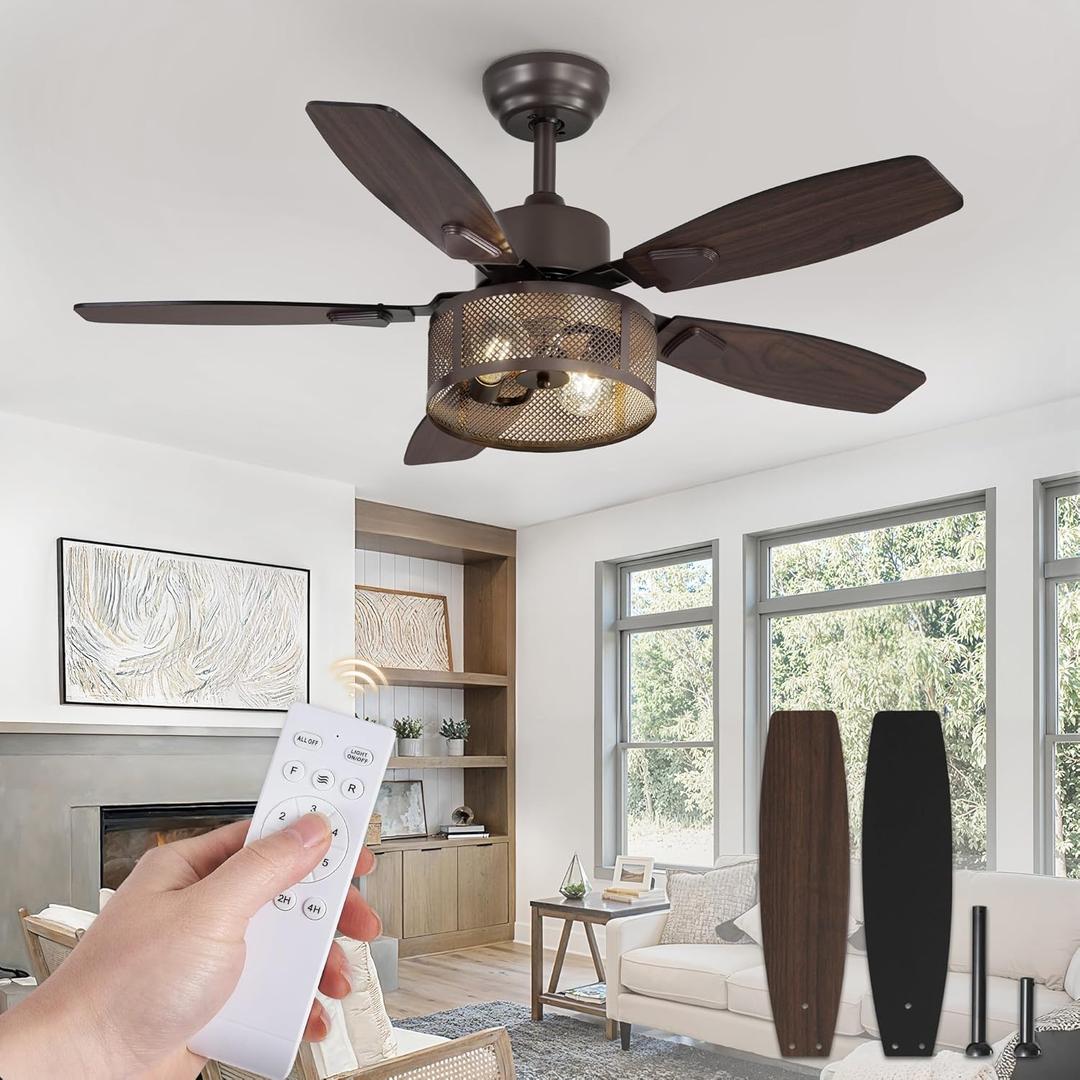 Fanbulous Farmhouse Oil Bronze Ceiling Fans with Lights and Remote, 42 Inch Bedroom Caged Ceiling Fans for Living Room Kitchen6 Speed Reversible Quiet DC Motor, Dual Finish 5 Blades
