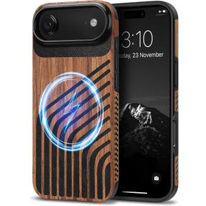 TENDLIN Magnetic Case Compatible with iPhone Air Case Wood Grain with Carbon Fiber Texture Design Leather Hybrid Slim Cover (Compatible with MagSafe) Hairline