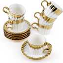 Coffee Cup Set of 6 with Saucers, 3.5 OZ Ceramic Espresso Cups, Deco Golden Turkish Coffee Cup Gift for Cappuccino, Latte, Cafe Mocha and Tea, Dishwasher & Microwave Safe (Gold Trim)