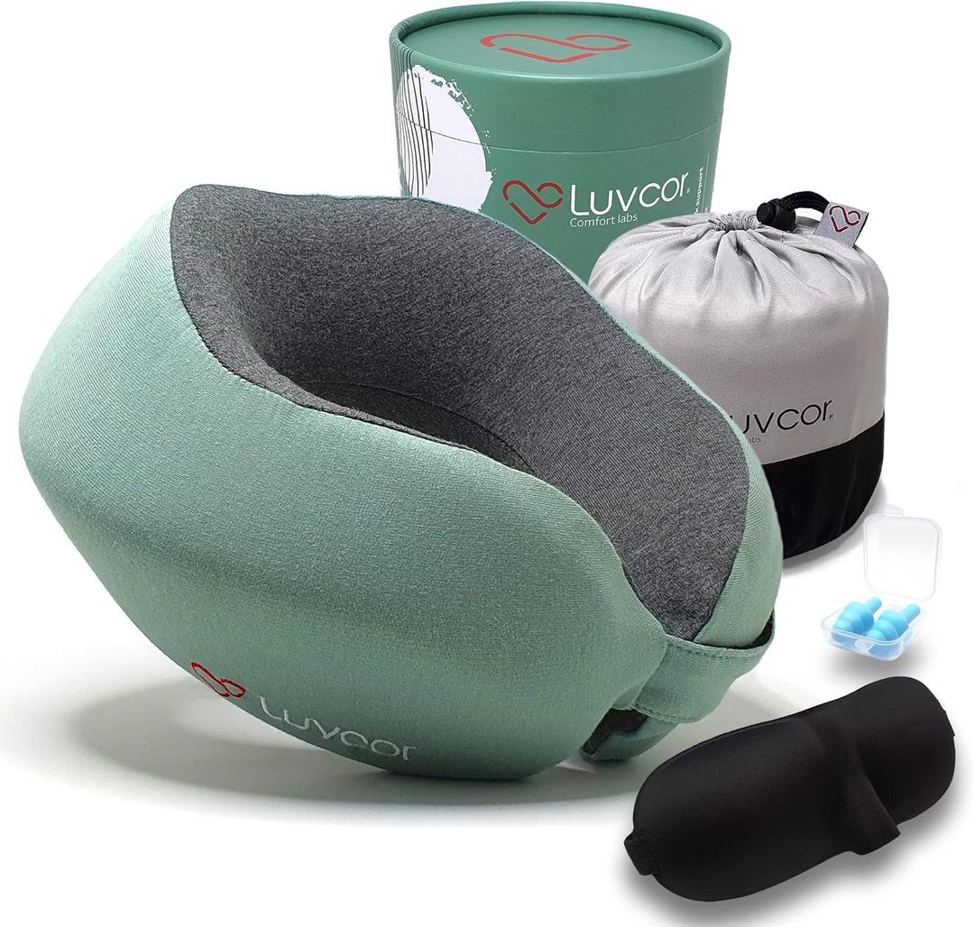 Premium Quality Memory Foam Travel Neck Pillow Bundle - Best Ergonomic Pillow for Airplane Travel, car Ride, Sleeping. Comes with Eye mask, earplugs and Storage Bag. (Imperial Green)