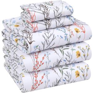 RUVANTI 100% Cotton Split King Sheets Sets for Adjustable Bed, 5 PCs, Soft & Breathable Percale Weave Bedding, Deep Pocket 16", Hotel Standard, Crisp Cool Feel & Durable, Floral Sheet, Aroma