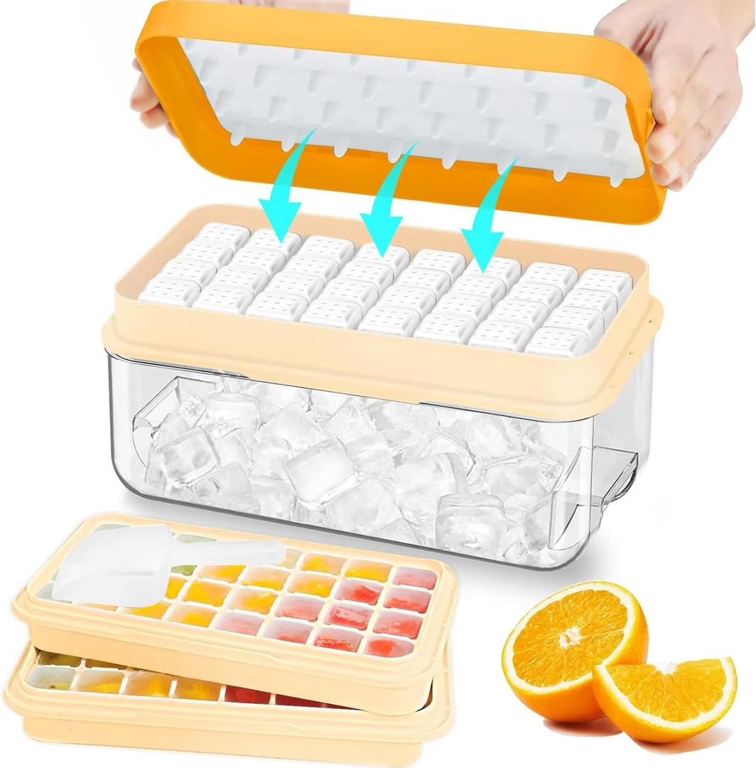 Ice Cube Tray with Lid and Bin, 64 pcs Ice Tray Kit with Ice Scoop, Ice Cube Pop Out Tray, Ice Cube Trays for Freezer, Ice Cube Molds, BPA Free, Easy Release Stackble Spill-Resistant ZZWILLB (Orange) (2 Layers) Ice Cube Tray with Lid and Bin, 64 pcs Ice Tray Kit with Ice Scoop, Ice Cube Pop Out Tray, Ice Cube Trays for Freezer, Ice Cube Molds, BPA Free, Easy Release Stackble Spill-Resistant ZZWILLB (Orange) (2 Layers)