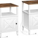 MAHANCRIS Set of 2 Farmhouse Nightstand with Charging Station, White Night Stand End Table with USB Ports, Bedside Table with Storage Cabinet, Modern Side Table for Bedroom, Rustic Brown
