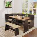 Space Saving Dining Table Set - L Shaped Corner Solid Wood Kitchen Breakfast Nook Table with Black Bench Seating for Apartment Small Space Seats 4-6