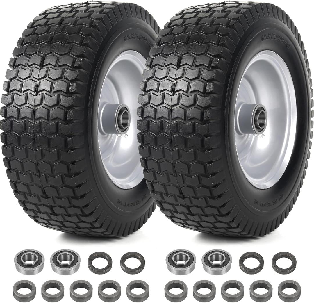 AR-PRO (2-Pack) 13x5.00-6 Flat Free Tire and Wheel Assemblies - Compatible for 13 x 5 x 6 Solid Rubbe Riding Lawn Mower Tires and Wheel - With 3" Centered Hub and 3/4" Bearings (Extra 5/8") (13 x 5.00-6" Flat-Free (Centered Hub), Silver)