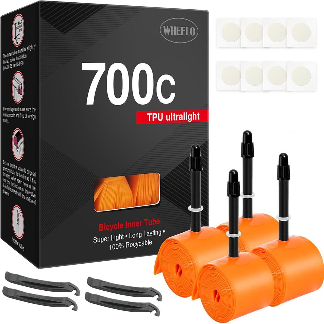 WHEELO 4-Pack TPU 700C×18-32C Bike Inner Tube: Lightweight Road Bicycle Tube with 45/65/85mm Presta Valves (Include 8PCS Bike Tube Patch Repair Kit)