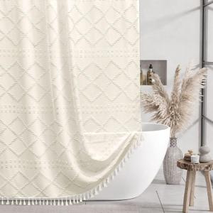 Siiluminisoy Extra Long Cream Boho Shower Curtain - Woven Fabric, 72 x 84 Tufted Chevron Textured Striped Modern Farmhouse Minimalist Cloth Curtain for Bathroom
