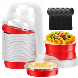 LNYZQUS 8oz Mini Cake Pans 4 Pie Tins with Lids 50 Pack, Disposable Aluminum Foil Baking Pans Dishes,Small Creme Brulee Tart Ramekins Individual Mini Pie Contaniers for Christmas-Red