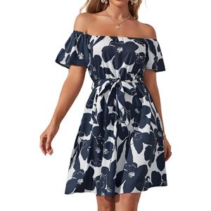 Women's Off Shoulder Ruffle Floral Summer Wedding Guest Dresses A Line Shift Short Skater Dress with Belt, Large