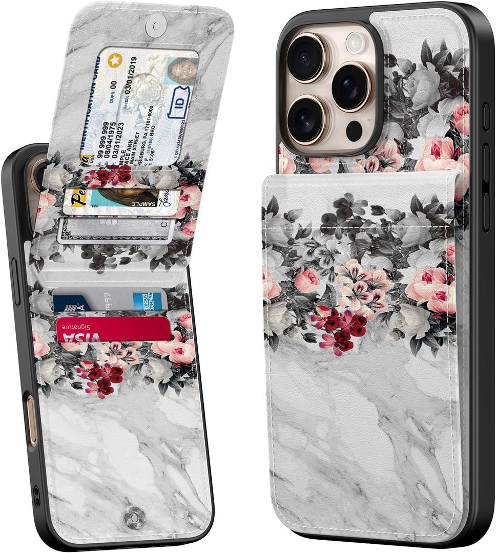 Bemal for iPhone 16 Pro Wallet Case, Built-in Card Holder, Fashion Printed, RFID Blocking, PU Leather Kickstand, Magnetic Closure, Shockproof Phone Cover for Women and Men, Flowers and Grey Marble
