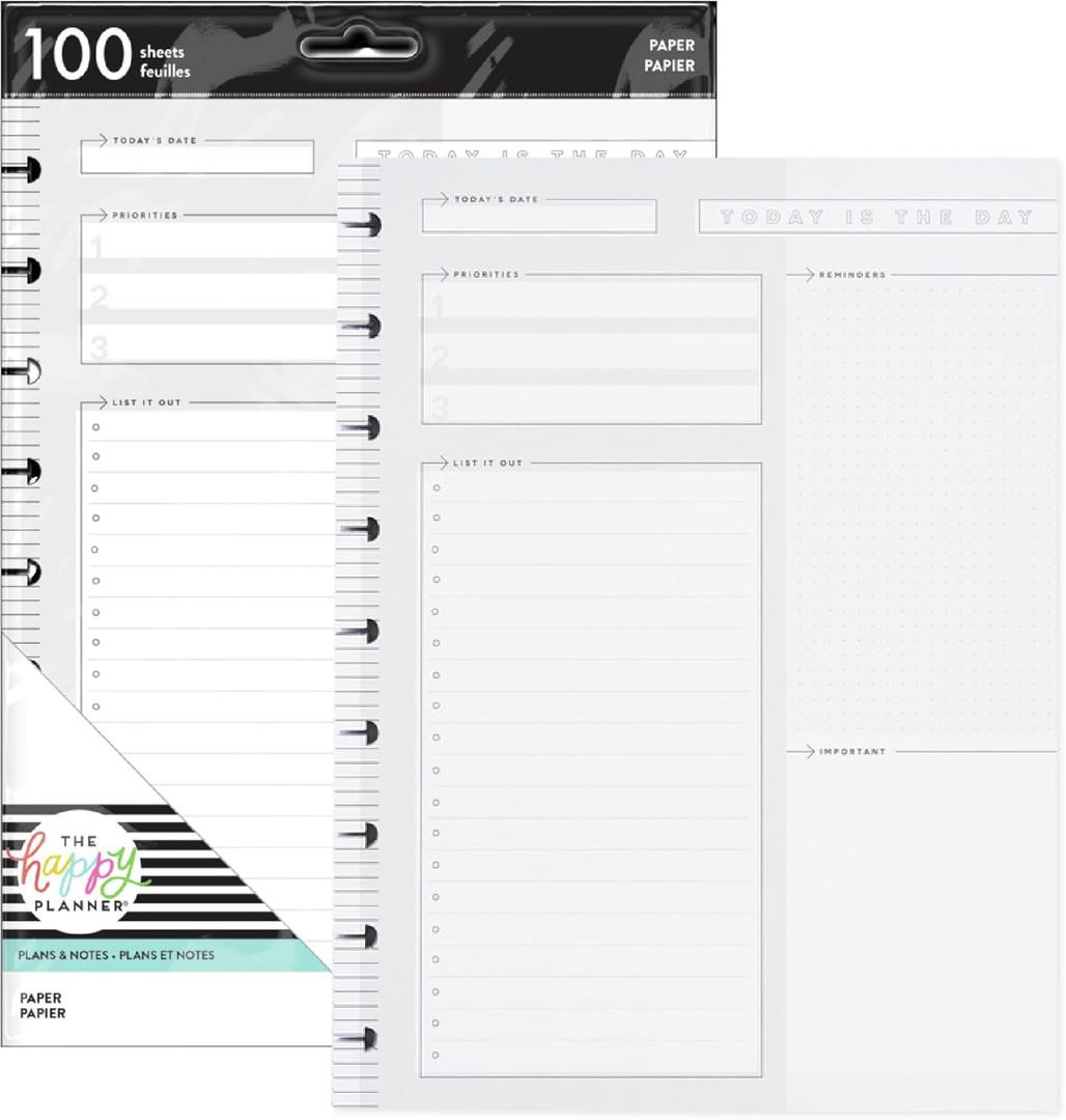 Happy Planner Plans + Notes Planner Refill Paper, 100 Sheets of Lined and Dashboard Layout Notebook Paper for Journals, Classic Size, 7"x 9.75"