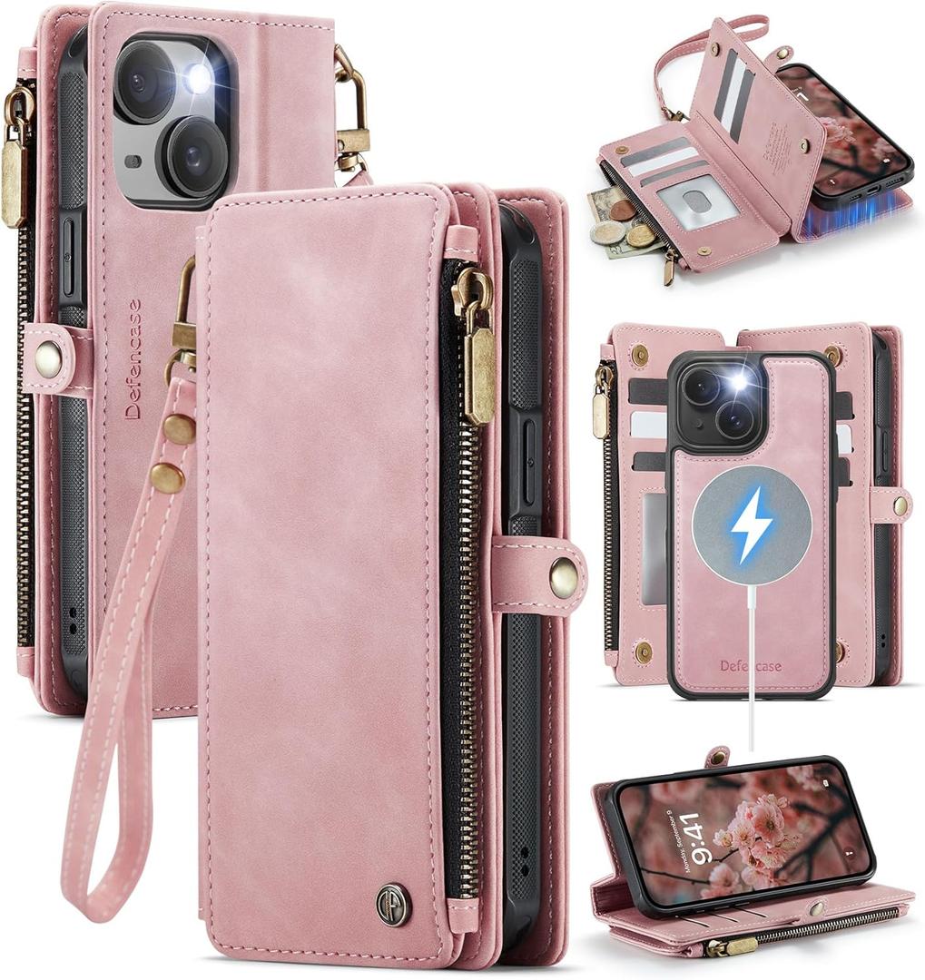 Defencase for iPhone 15 Plus Magnetic Wallet Case Compatible with Magsafe with RFID Blocking Zipper Strap Card Holder for Women Men, PU Leather Detachable Case for iPhone 15 Plus (6.7 inch), Rose Pink