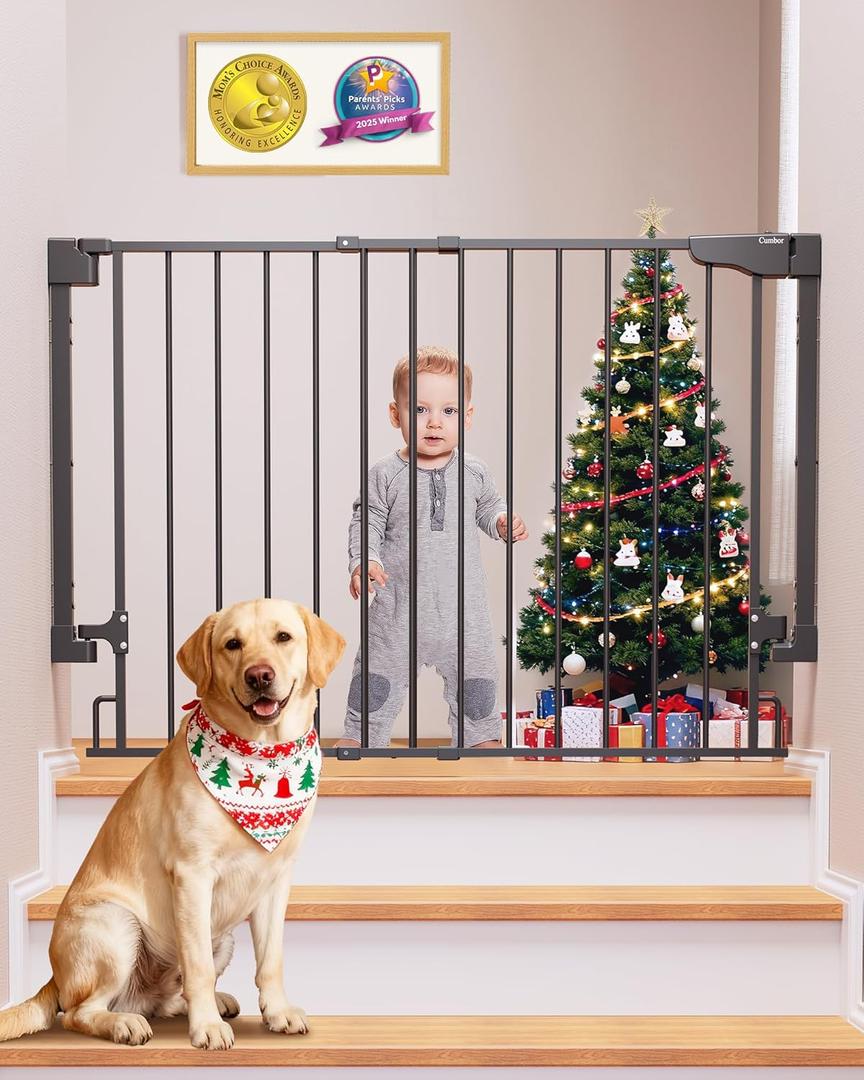 Cumbor 29.243" Baby Gate for Stairs, Wall-Mounted (Drill Required), Expandable No Bottom Bar Dog Gate, Auto Close Extra Wide Walk Thru, Pet & Toddler Proof Gate, Top & Bottom of Stairways(Black)