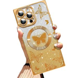 AIGOMARA Phone Case for iPhone 16 Pro [Compatible with MagSafe] Butterfly Design Glitter Bling Case Shockproof Scratch-Resistant Soft TPU Cover for Women - Gold