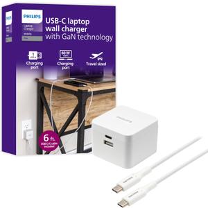 Philips USB Wall Charging Kit, 60W GaN USB C Charger Block with 6ft Braided Cord, Dual Port USB Cube for iPhone 16 Series, 15 Series, iPad Pro, Foldable Plug, White Charging Box, DLP3523W/37