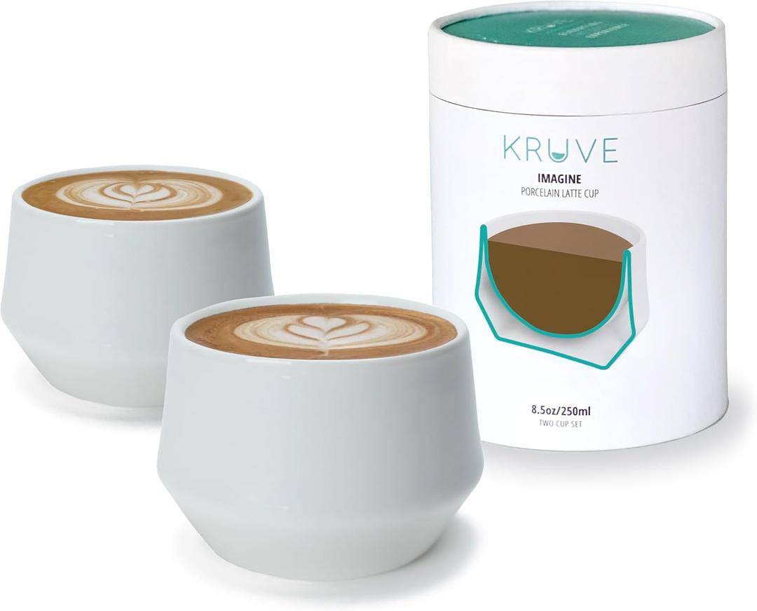 KRUVE IMAGINE Porcelain Latte Coffee Cups, Double Walled Espresso Cups, Glass Cups Set of Two - 8.5oz Thermal Spherical Design for Latte Art, Insulated Coffee Mugs for Heat Retention (White)