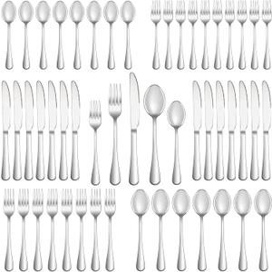 60 Piece Silverware Set Service for 12,Premium Stainless Steel Flatware Set,Mirror Polished Cutlery Utensil Sets,Durable Home Kitchen Eating Tableware Sets,Include Fork Knife Spoon,Dishwasher Safe (Round-60 Piece)