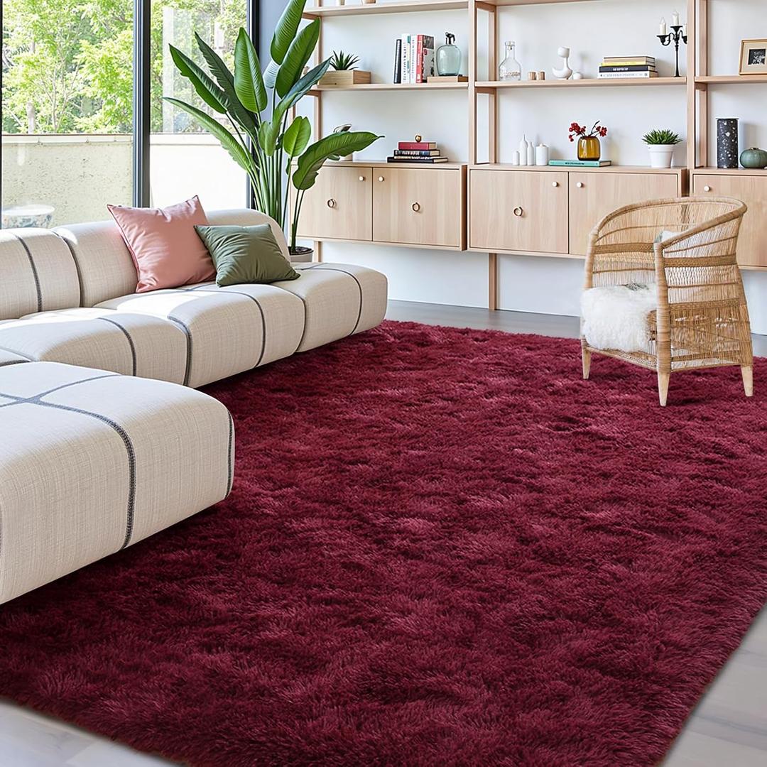 FinRec 6x9 Feet Red Rug for Living Room Bedroom, Fluffy Shag Area Rug, Non-Slip Plush Fuzzy Rugs for Nursery Kids Room Dorm Room Home Decor, Indoor Furry Floor Carpet